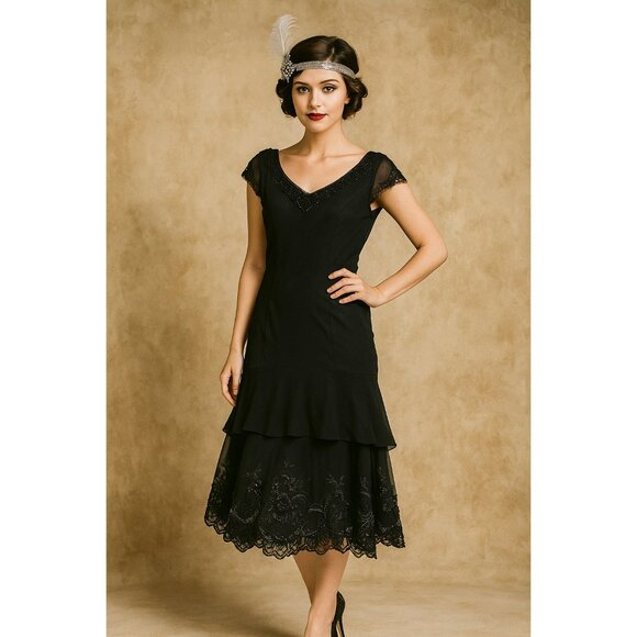 Flapper Revival Dress Layered Beaded Small Retro Black  50s 60s 70s Glamorous - Picture 1 of 15